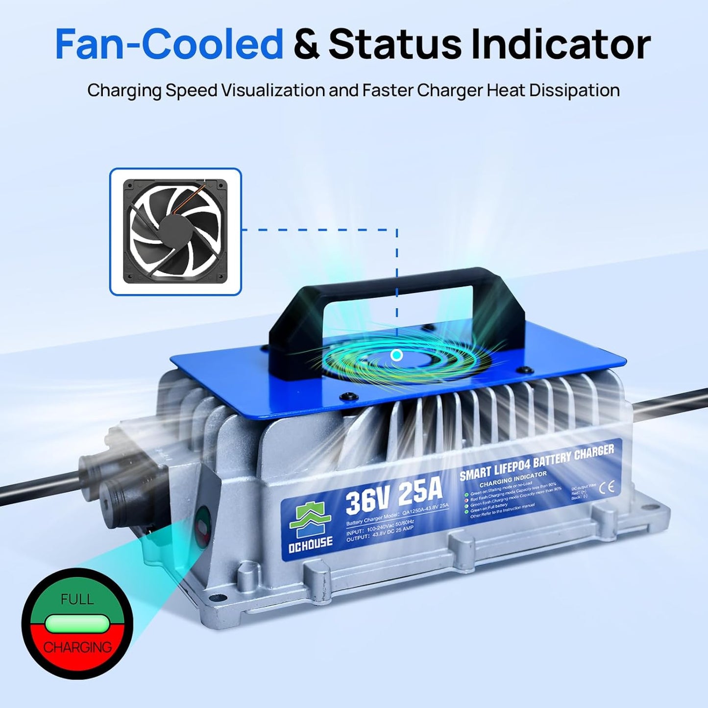 DC HOUSE 36V 25A Lithium Battery Charger, 900W Fast Charger, Charging Efficiency ≥ 93%, IP65 Waterproof Anti-Fall with Cooling Fan, Suitable for 36V Golf Cart,Trolling Motor, Forklift LiFePO4 Battery