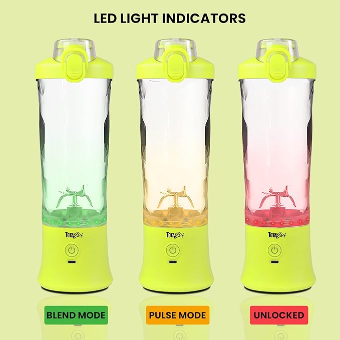 Total Chef Portable Blender - USB Rechargeable Personal Smoothie Mixer, Protein Shake Maker, Cordless Travel Mini Licuadora, Blend Frozen Fruit, Drink Milkshake On The Go, 20 OZ, Neon Green