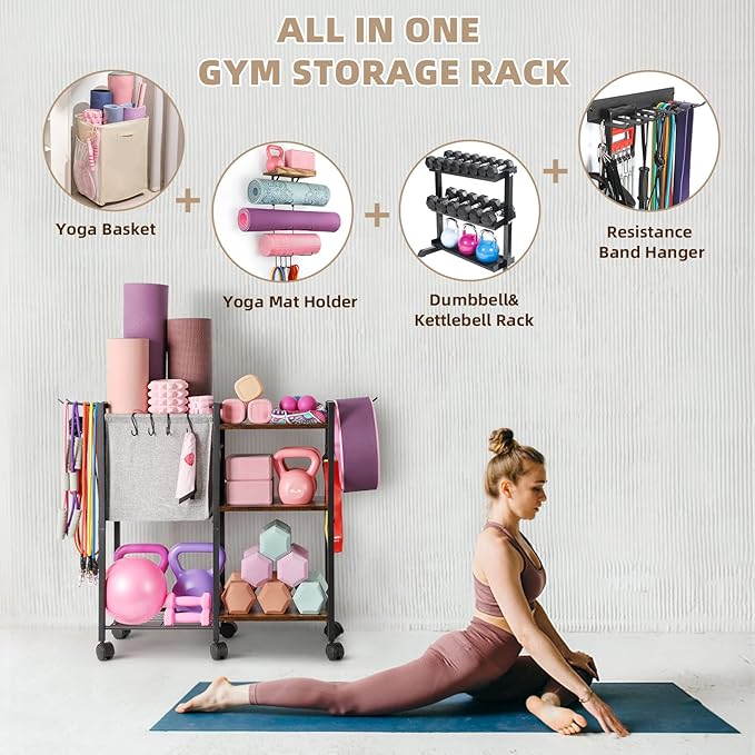 Yoga Mat Storage Rack Home Gym Equipment Organizer Holder for Foam Roller Dumbbells Kettlebells Resistance Bands and More Accessories Women Men Workout Organization with Hooks Wheels (Black)