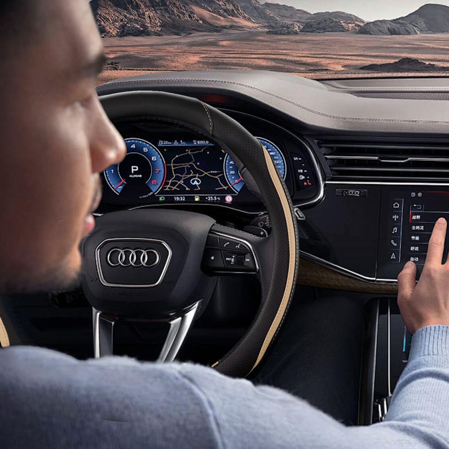 Car Steering Wheel Cover, Leather Steering Wheel Cover Beige Universal 14.5-15 Inch Microfiber Leather Anti-Slip Breathable Auto Steering Wheel Covers for Men Women (Black&Beige)