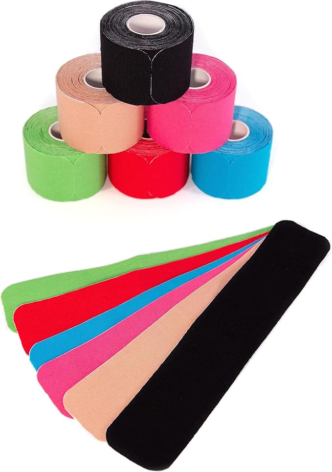 Kinesiology Tape PRECUT Mix Set | 120 Pre-Cut Multicolored Sport Tape Strips 10 x 2 in - on 6 Rolls | Waterproof • Skin-Friendly • Elastic | Kinesiology Tapes Ideal for Sports