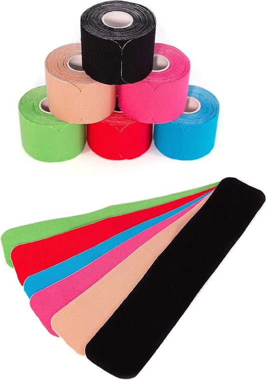 Kinesiology Tape PRECUT Mix Set | 120 Pre-Cut Multicolored Sport Tape Strips 10 x 2 in - on 6 Rolls | Waterproof • Skin-Friendly • Elastic | Kinesiology Tapes Ideal for Sports