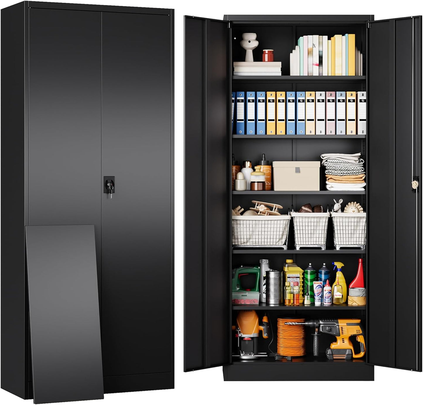 SISESOL Metal Storage Cabinet with 2 Doors and 6 Shelves,71" Lockable Garage Storage Cabinet,Black Metal Cabinets with Lock,Locking Steel Cabinets for Home,Office,Garage,Shop,School