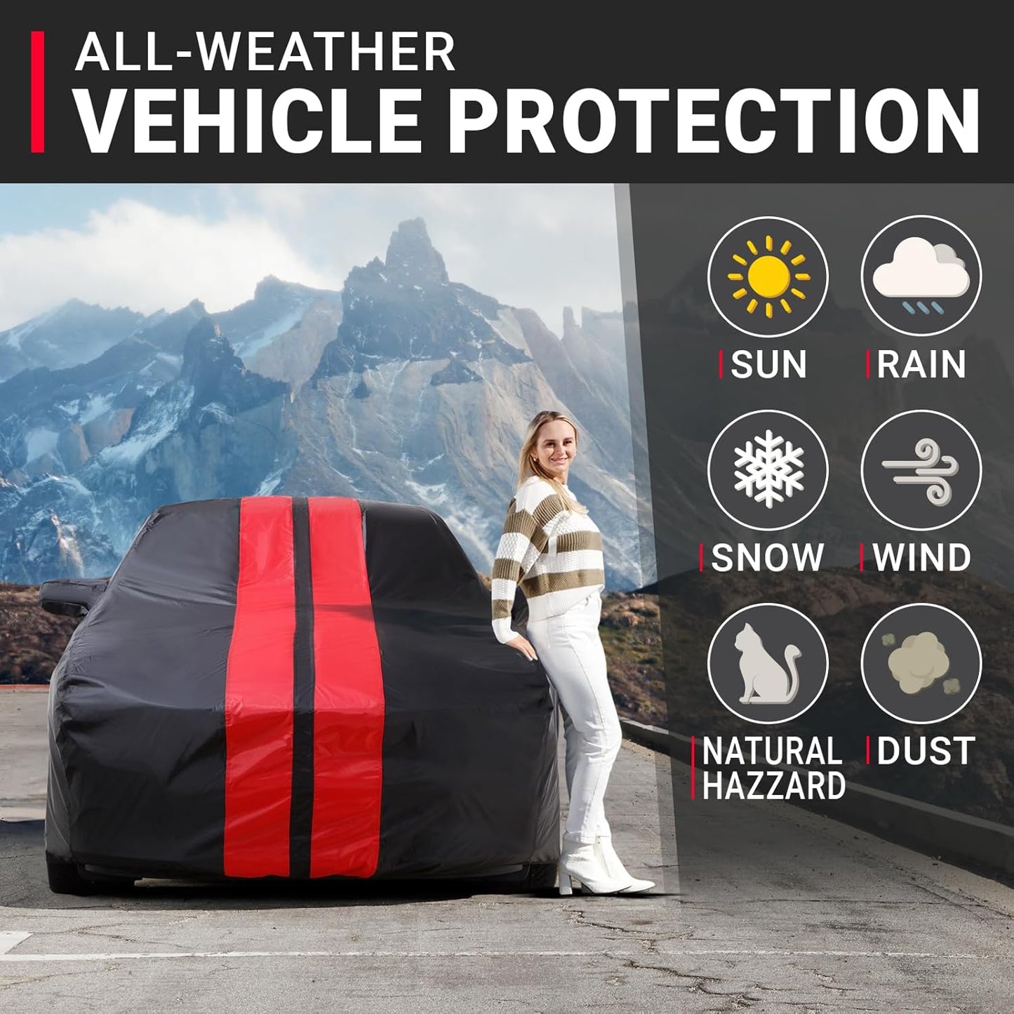 iCarCover Custom Car Cover for Chevy Caprice Sedan (2011-2017) Waterproof All Weather Rain Snow UV Sun Protector Full Exterior Indoor Outdoor Car Cover (Stripe - Black/Red)