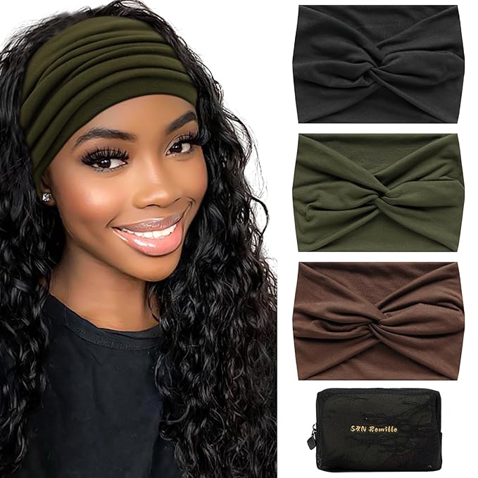 S&N Remille Wide Headbands for Women, Large Hairband, Elastic Non-Slip Headband Twist Knotted Accessories, Yoga Workout Vintage Hair 3 Pack (Colour-7)