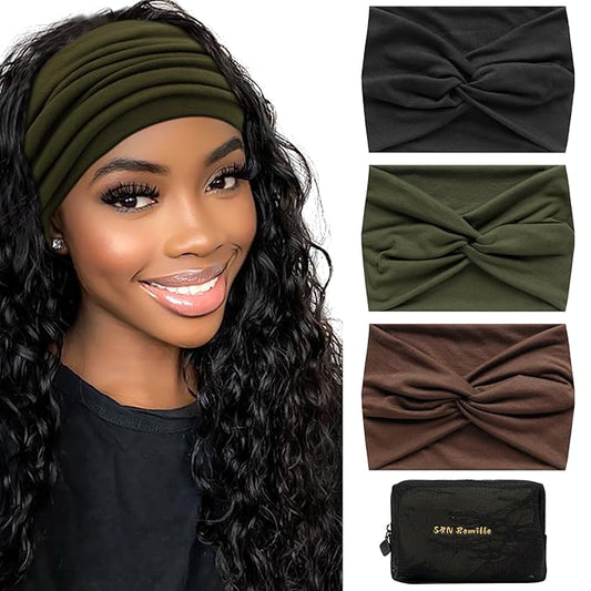 S&N Remille Wide Headbands for Women, Large Hairband, Elastic Non-Slip Headband Twist Knotted Accessories, Yoga Workout Vintage Hair 3 Pack (Colour-7)