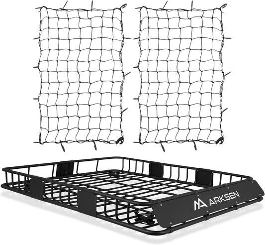 ARKSEN 64 x 50 x 6 Inch Universal Extra Wide 150LB Heavy Duty Roof Rack Cargo with Two Cargo Nets, Car Top Luggage Holder Carrier Basket for SUV, Truck, & Car Steel Construction