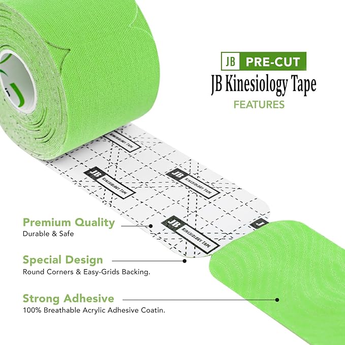 JB Tape, Precut Kinesiology Strips 4 Rolls- (80 Count, 10") Elastic, Latex-Free, Water Resistant, Athletic Sports Tape for Body, Joint & Muscle Support. (Green)