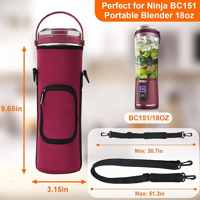 Storage Bag for Ninja Portable Blender Dust Cover Sleeve with Shoulder Strap, Accessory Pocket for Ninja BC151NV/BC51NV/BC151BK/BC151CR/BC151EM/ BC151PR/BC151WH/BC155PS Portable Blender (Burgundy)