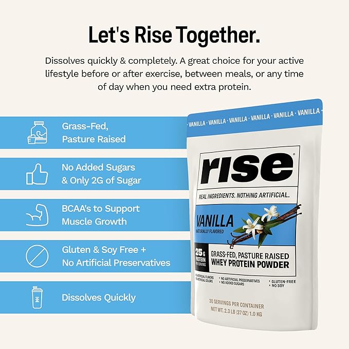 Rise Grass-Fed Whey Protein Powder - Vanilla | 25g Protein No Artificial Flavors, Colors, or Preservatives - Sugar Free, Gluten-Free, Soy Free (2.3 lbs)