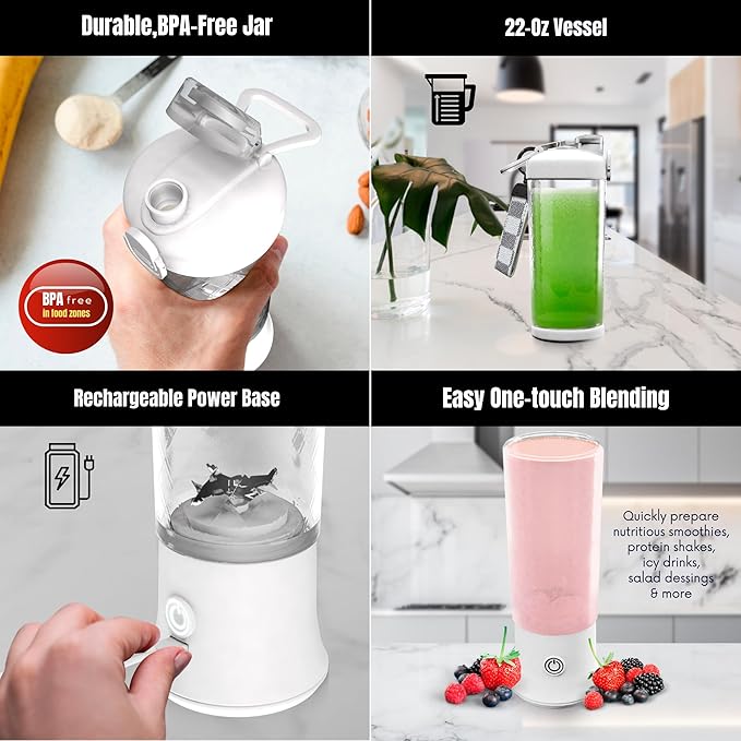 SSKAWorldwide Portable Blender - 21oz Smoothie Blender Rechargeable Small Blender with 6 Blades Personal Blender for Home Office Gym Sports and Travel (White)