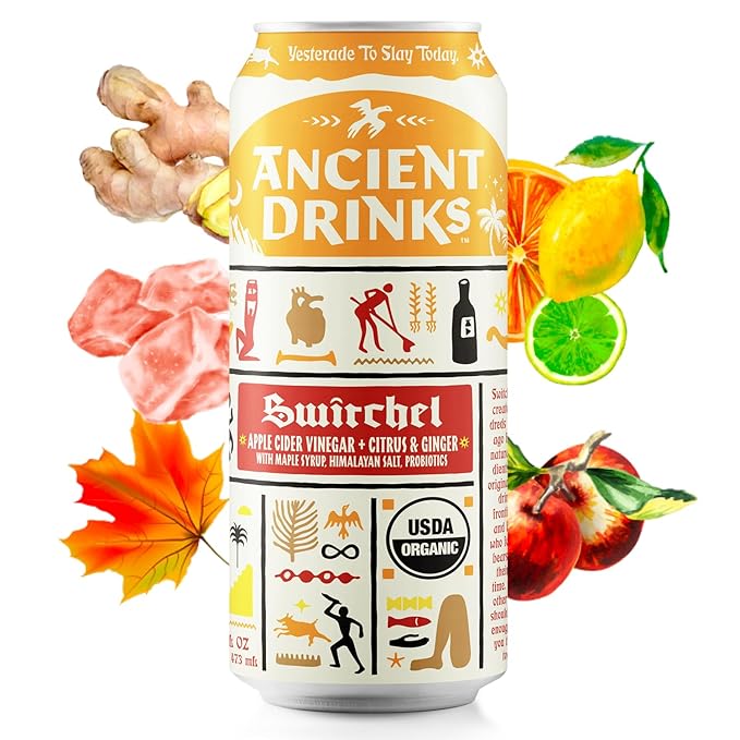 ANCIENT DRINKS Apple Cider Vinegar Beverage with Electrolytes, Vitamins, & Probiotics, Organic, Super-Hydrating Sports Drink - Switchel (Citrus & Ginger) - 16 fl oz (12 cans)