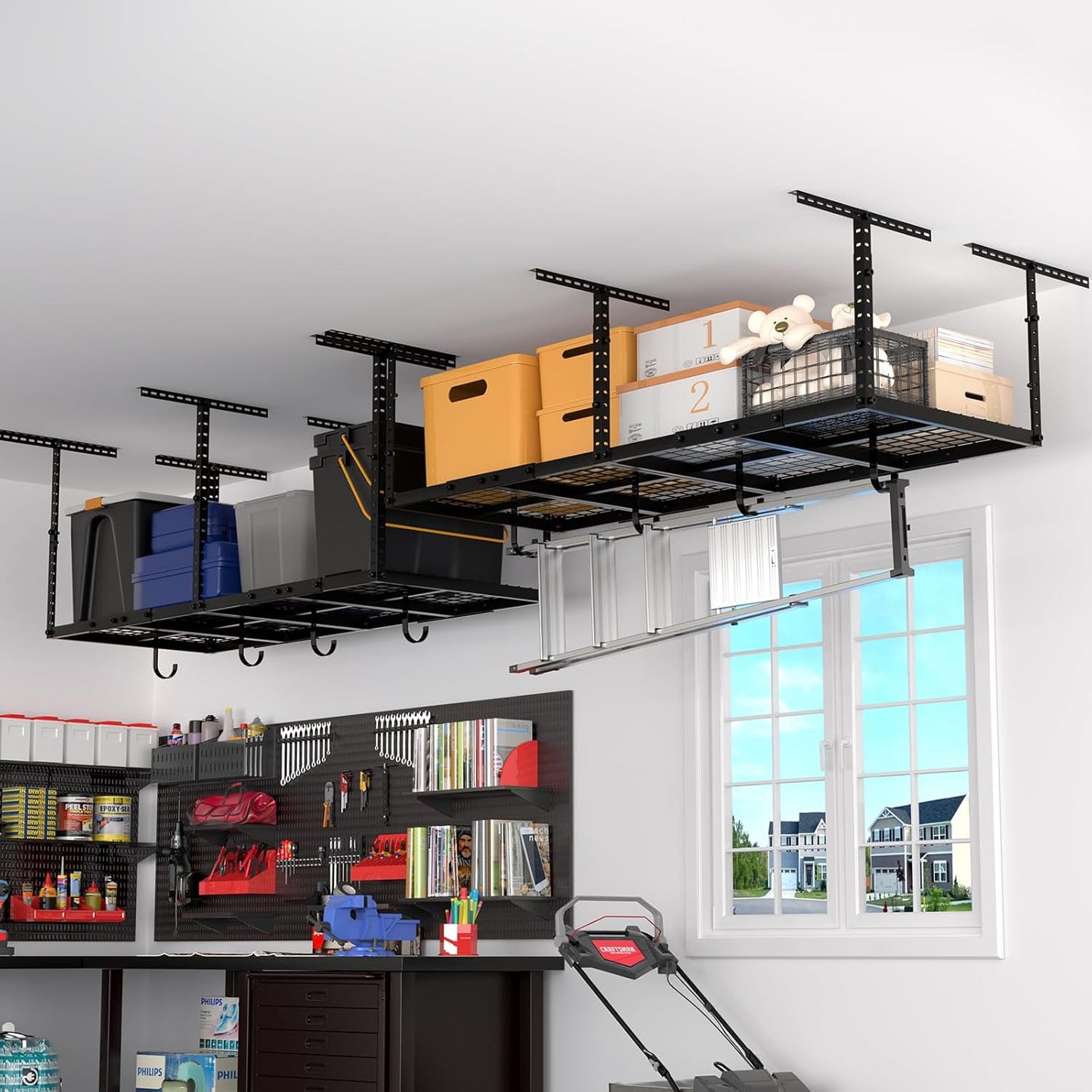 Heavy-Duty 3x8 Overhead Garage Storage Rack with Adjustable Ceiling Shelving with 600lbs Weight Capacity，22 lbs per Hook, Steel Hanging Organizer for Tools, Bins & Bikes Black