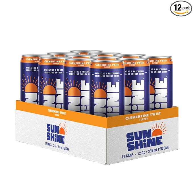 Sunshine Sparkling Energy Drink, Clementine Twist with Daily Essential Vitamins, 360mg of Electrolytes, 70mg of Natural Caffeine, 12 Fl Oz (Pack of 12)
