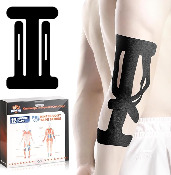 12 Count Kinesiology Tape for Elbow, Pre-Cut Waterproof KTquick Elbow Tape for Elbow Pain Relief Pre Cut, Original Cotton Athletic Tape, Durable Knee Tape for Sports and Long-Lasting Support (Black)