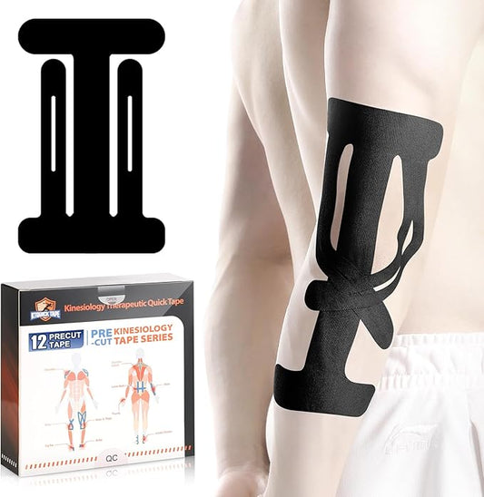 12 Count Kinesiology Tape for Elbow, Pre-Cut Waterproof KTquick Elbow Tape for Elbow Pain Relief Pre Cut, Original Cotton Athletic Tape, Durable Knee Tape for Sports and Long-Lasting Support (Black)