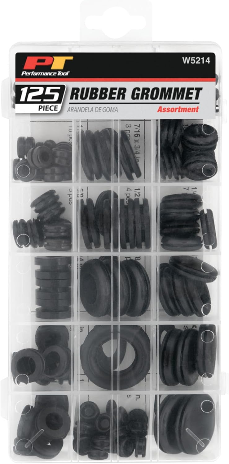 Performance Tool W5214 125pc Rubber Grommet Assortment in Organizer Case for Vehicle Maintenance and Repair in Auto Shops and Garages