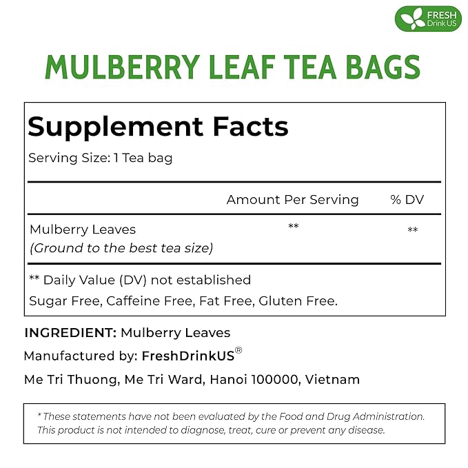 FreshDrinkUS Premium Mulberry Leaf Tea - 50 Bags, 100% Natural & Pure. Loose Leaf Herbal Tea. Natural Material Tea Bags. No Sugar, Caffeine, Gluten. Vegan.
