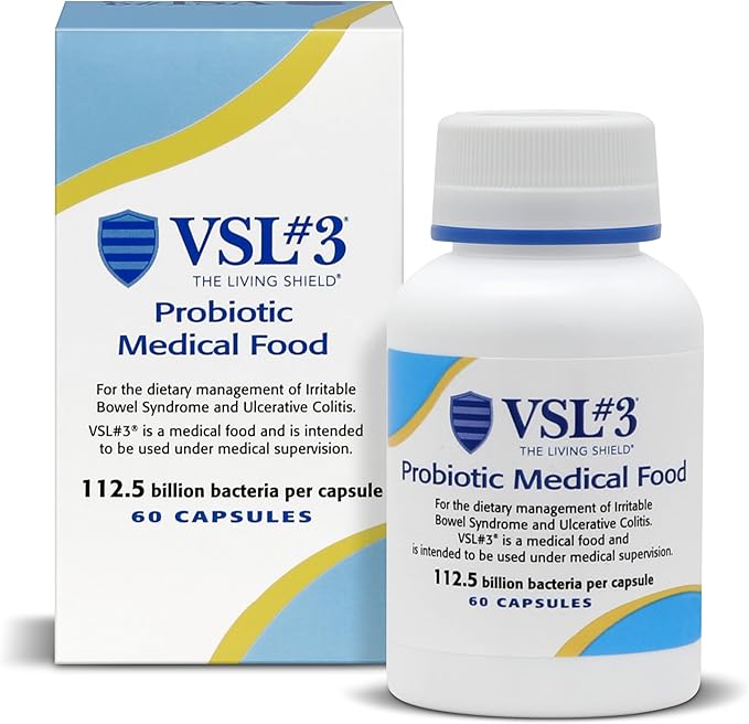 VSL #3® Probiotics for Digestive Health, IBS & UC Symptoms - 112.5B CFUs, High-Potency, Multi-Strain, Live, Refrigerated Probiotic, Medical Food for Gut Health Support in Men & Women, 60 Capsules