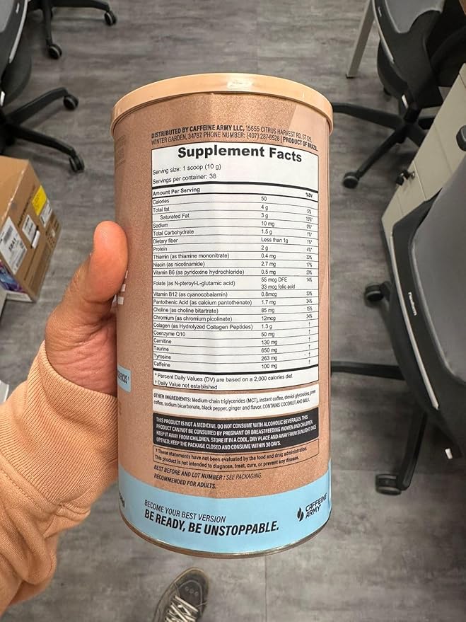 CAFFEINE ARMY Vanilla Latte | Comprehensive Functional Coffee with MCTs, CoQ10, Collagen and Adaptogens: Clean Energy + Supports Daily Attention, No Jitters or Crash (7.8 oz 22 Servings)