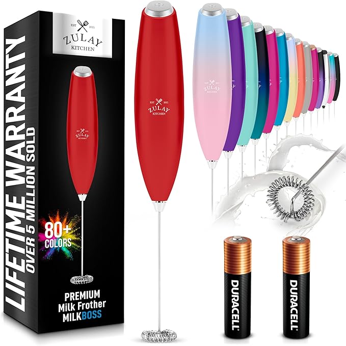 Zulay Kitchen Milk Frother Wand Drink Mixer with AA Duracell Batteries- Durable Handheld Milk Frother Electric Whisk - Easy-Clean Milk Frother Wand & Mini Blender - Electric Coffee Frother - Red