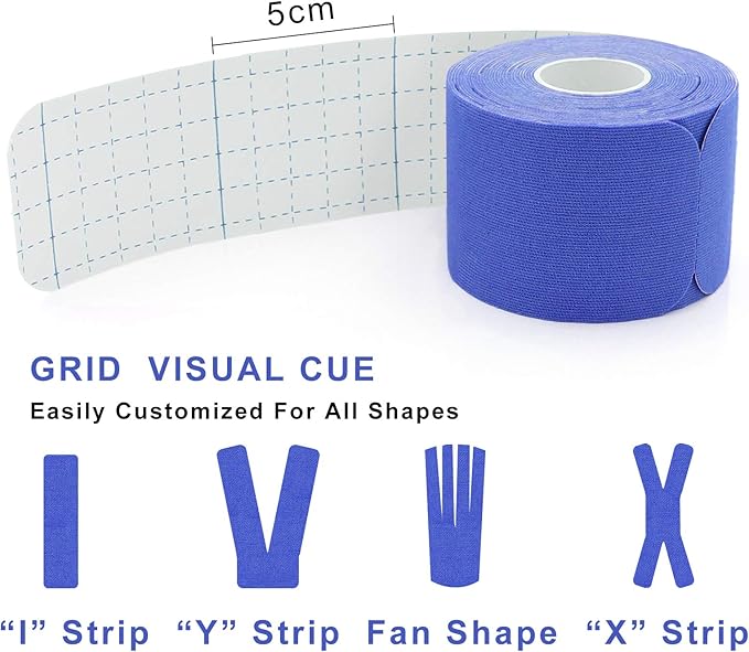 MUEUSS Kinesiology Tape Elastic Cotton Athletic Tape Precut Strips,Waterproof Tape for Protects Muscles,Knees,Shoulders Plantar Fasciitis Pain Relief,Pregnancy Belly Tape (2rolls Dark Blue&Light Blue)