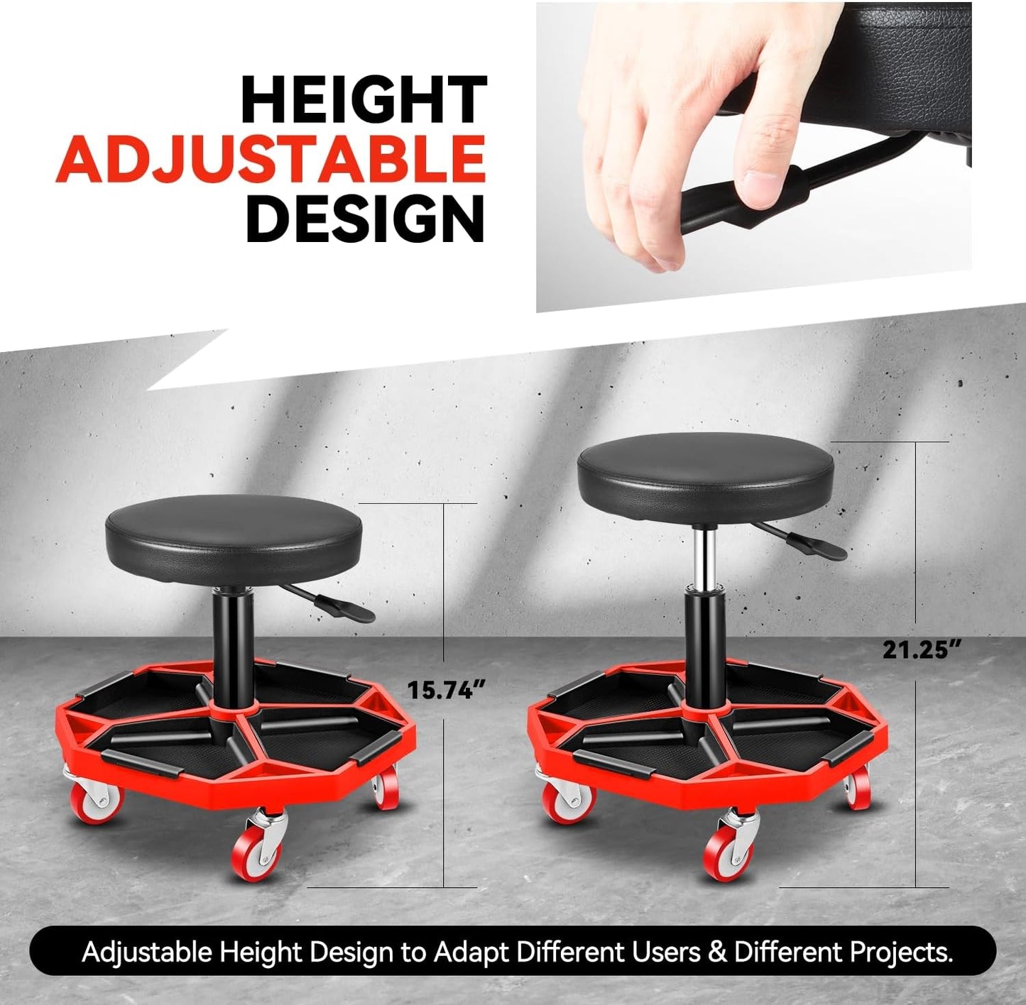 Auto Dynasty Mechanic Stool, Adjustable Rolling Pneumatic Creeper Garage Shop Seat with Tool Tray, 300 LBS Roller Seat for Workshop Auto Repair, Adjustable Height 15.7" to 21", Black/Red