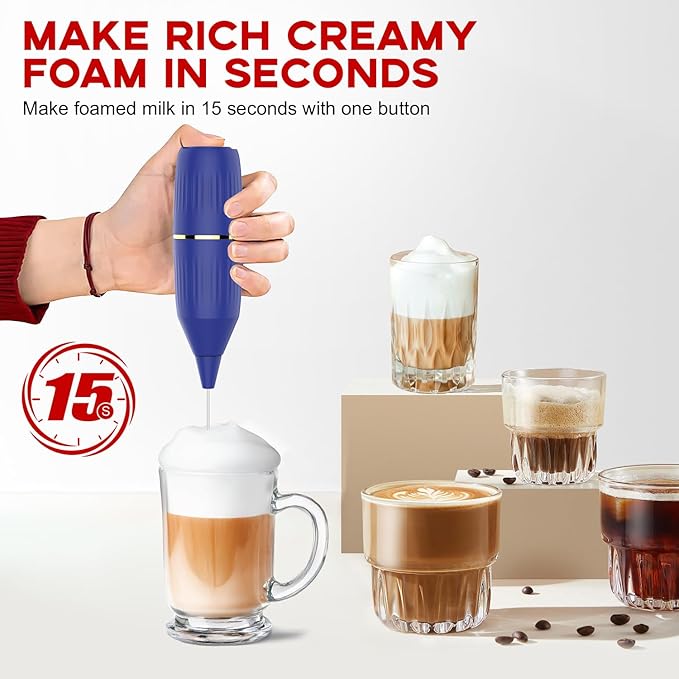 Handheld Milk Frother 14,000 RPM Drink Mixer Wand with Stand & Stirring Spoon Quiet One-Button Operation, Non-Slip Handle, Detachable Whisk Head for Coffee, Lattes, Cappuccinos, Matcha (Blue)