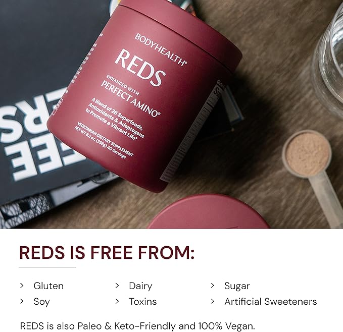 BodyHealth Reds Enhanced with PerfectAmino - Daily Superfood Smoothie Powder with Antioxidants, Adaptogens, Phytonutrients, Fruit, Prebiotics, Probiotics, Fiber, and Protein - 40 Servings