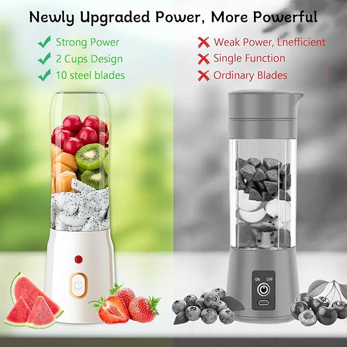 Personal Size Blender for Shakes and Smoothies,15.6 oz Portable Blender with 10 Blades and 2 cups,Rechargeable Mixers Fresh Fruit Juicers For Travel,Sports,Outing