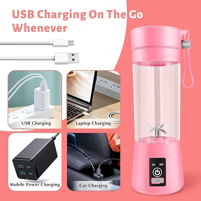 Portable Blender, Personal Blender USB Rechargeable, Mini Juicer for Shakes and Smoothies, Strong Cutting Power with 6 Blades, 380Ml Traveling Fruit Veggie Juicer Cup for Home, Sport, Office, Camping