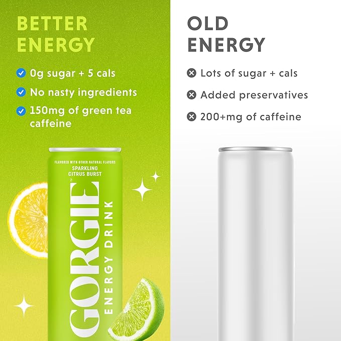 GORGIE Sugar Free Natural Energy Drinks, Sparkling Citrus Burst (12 Pack) - Healthy Energy Drinks - Natural Coffee Replacement with Green Tea Caffeine and Biotin - 150mg Caffeine, Vegan, & Low Calorie