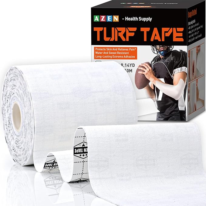 AZEN Turf Tape Football, 4 Inch x 9.14 Yards Extra Wide Kinesiology Tape Rolls, Waterproof Athletic Tape, Protects from Turf Burn (White)