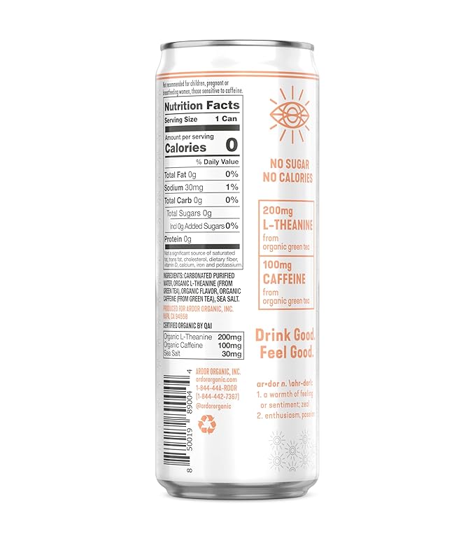 ARDOR ENERGY Sparkling Water with 100mg Natural Caffeine & 200mg L-Theanine from Organic Green Tea for Smooth Energy & Focus | Healthy Energy Drink | No Sugar, Zero Calories, Vegan, Gluten-Free | White Peach (Pack of 12, 12oz cans)