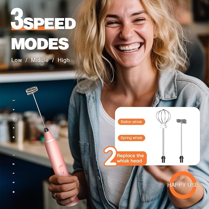 Milk Frother Rechargeable Handheld Electric Whisk Coffee Frother Mixer with 2 Stainless whisks 3 Speed Adjustable Foam Maker Blender for Coffee Matcha Latte Cappuccino Hot Chocolate(Classic Pink)