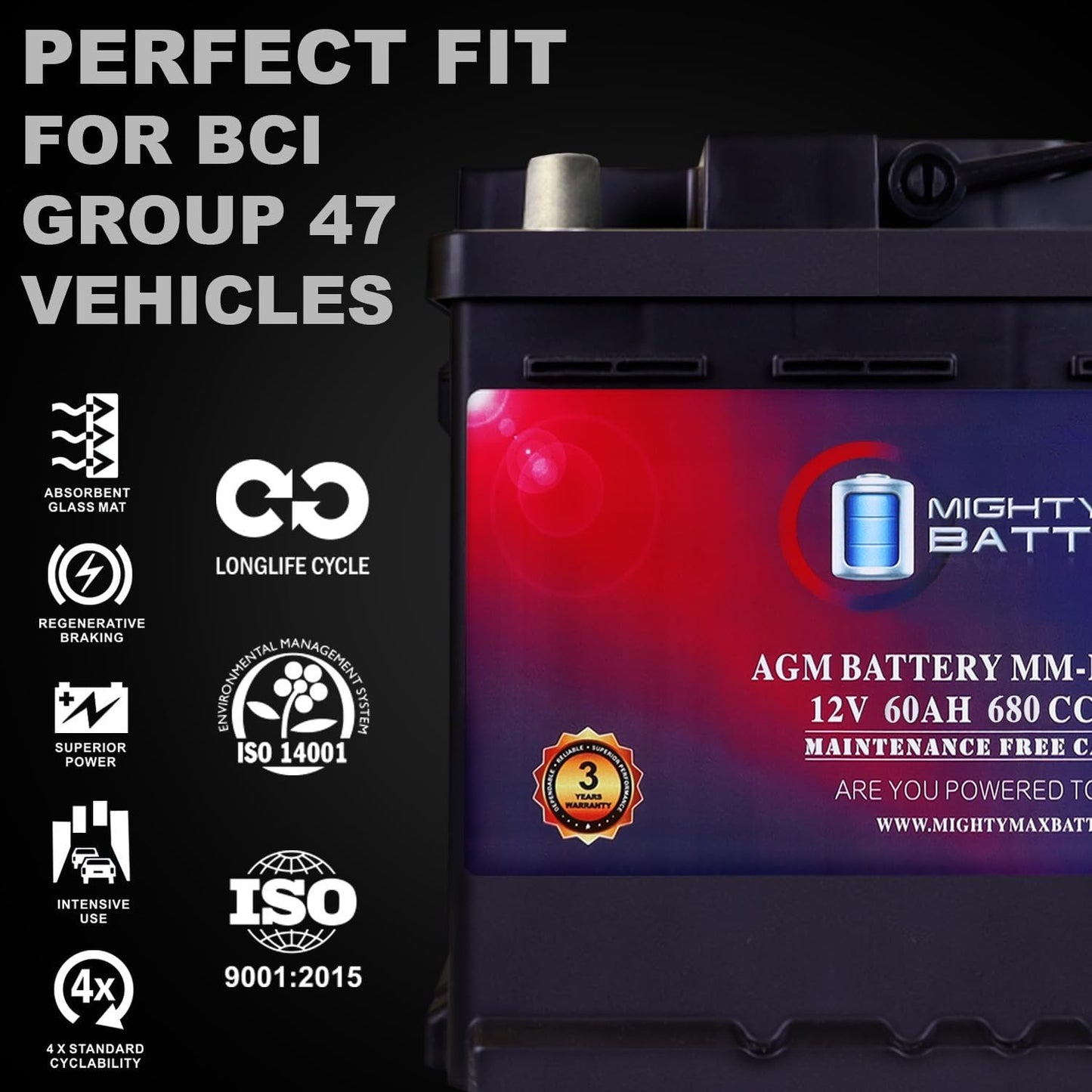Mighty Max Battery MM-H5 Start and Stop Car BCI Group Size 47 12V 60 AH, 100RC, 680 CCA Rechargeable AGM Car Battery