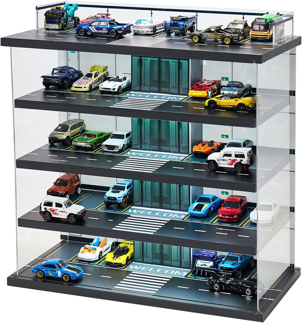 Display Case Compatible with Hot Wheels Garage & Matchbox Cars with LED Light 1/64 Scale Diecast Toy Cars Storage Case 5 Level Holds Max 75 Cars Storage Case for Hot Wheels Garage Gifts for Collector