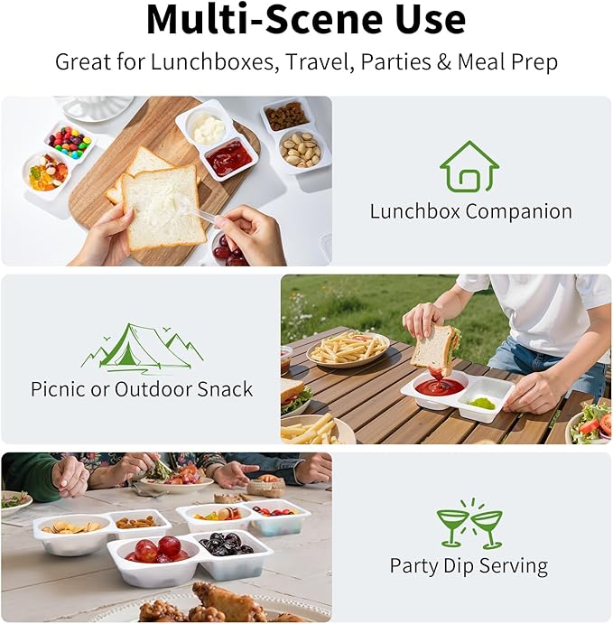 20 Sets Reusable Snack Containers with Lids & 20 Sporks – Double Compartment for Portion Control, BPA-Free Leak-Proof Dipping Containers for Meal Prep, Travel, and Outdoor Snacks (White)