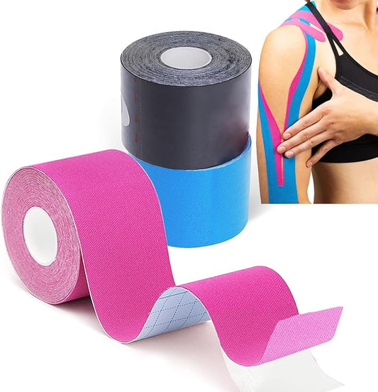Kinesiology Tape Pro Athletic Sports-3 Rolls,16ft Uncut Strips Breathable Latex Free Muscle Tape for Ankle Wrists Knee Elastic Running Tennis Swimming Football Sports Activities Tapes(Black Blue Pink)