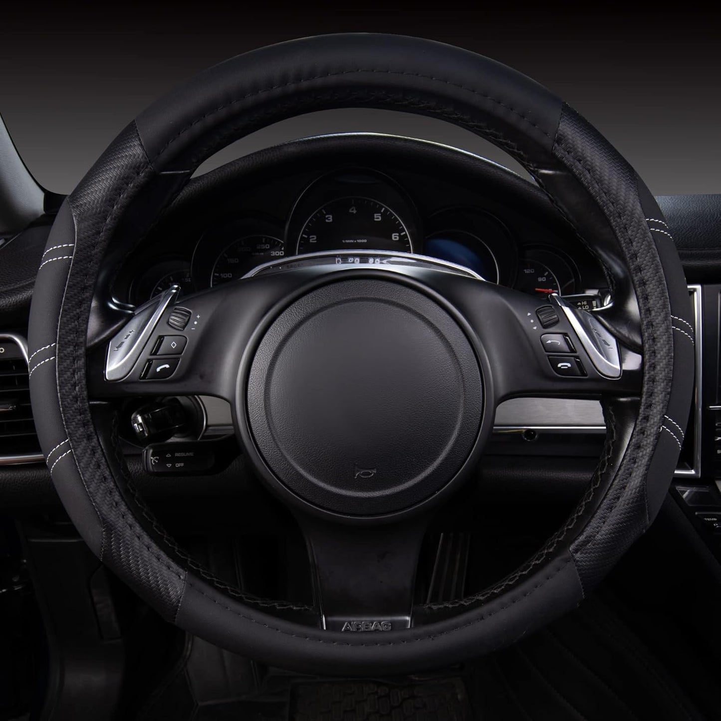 CAR PASS Line Rider Microfiber Leather Sporty 14.5-15 inch Steering Wheel Cover Universal Fits for 95% Truck,SUV,Cars, Anti-Slip Safety Comfortable Design (Black Carbon Fiber)