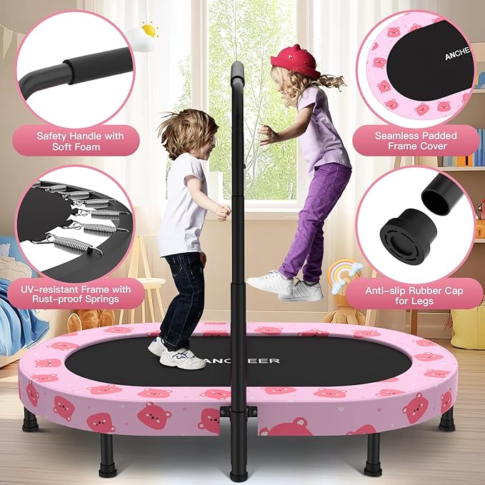 ANCHEER 56" Double Mini Trampoline for Kids, Mini Rebounder with 5-Level Adjustable Handle, Parent-Child Trampoline for Kids, Max Load 220lbs, Fun for Indoor/Outdoor