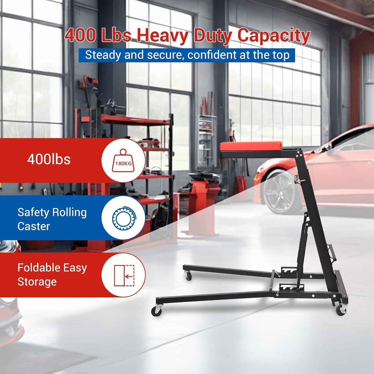 400lbs Foldable High Top Automotive Engine Creeper, 48" to 66" Adjustable Height Creeper for Garage Workshop Repair Maintenance Mechanic