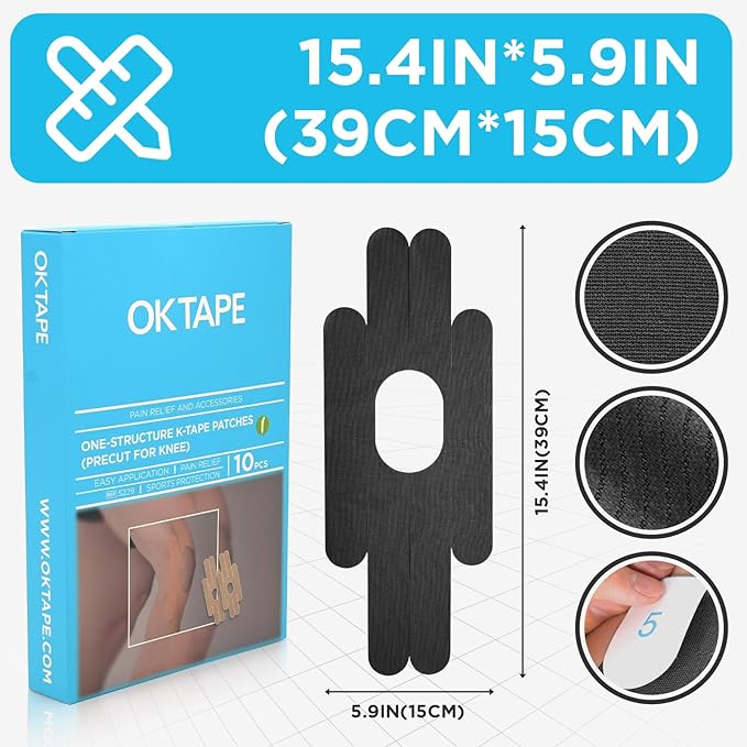 OK TAPE One-Structure K-Tape Patches | Precut for Knee Kinesiology Tape | Pain Relief and Accessories | 10 Pcs and Black