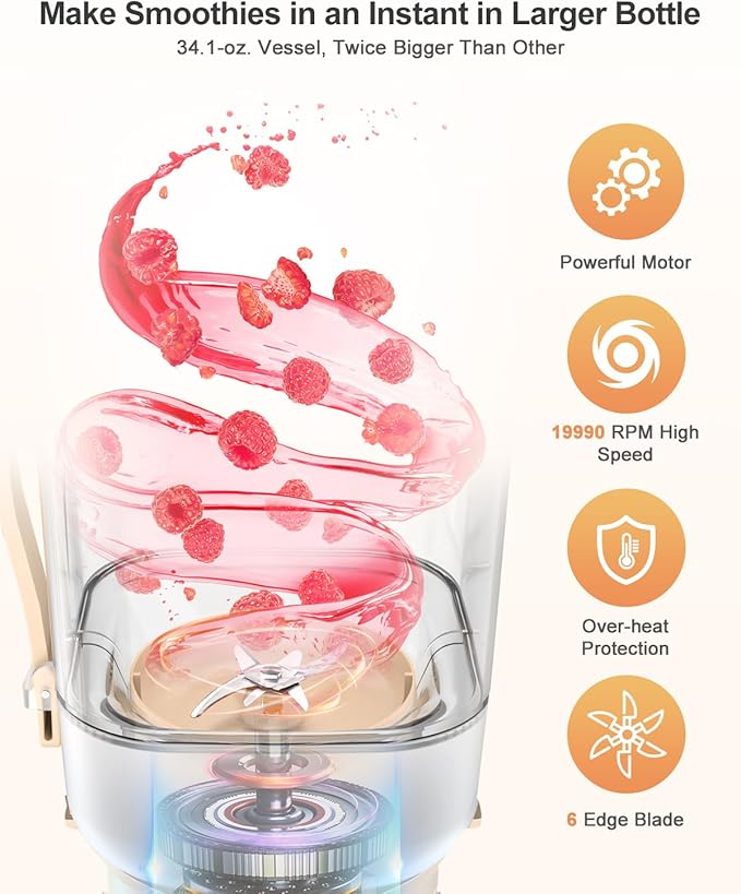 kawu Portable Blender, Portable Smoothie Blender On the Go, No-BPA, Portable Blenders for Shakes and Smoothies Leakproof-Lid and Sip Spout, USB-C Rechargeable, Recipes, with Handle/Strap, White