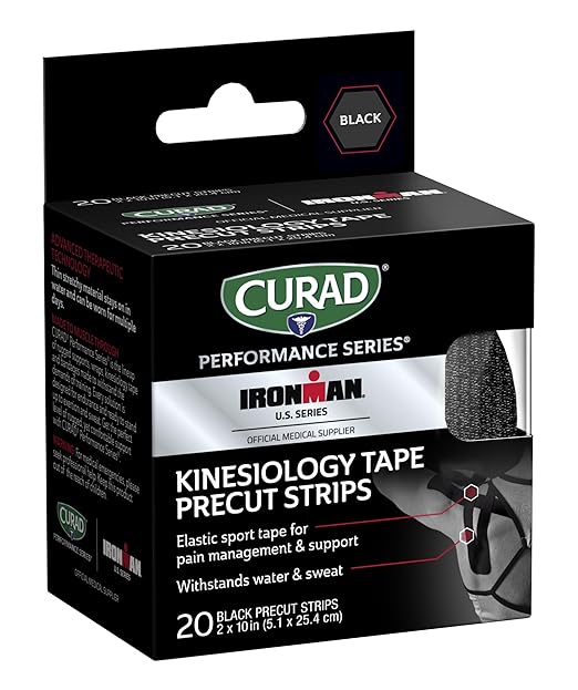 CURAD Performance Series IRONMAN Kinesiology Tape, Pain Management Technology, Sweat & Water-Resistant Athletic Tape, Compression Support for Joints & Muscles, Black, 2 x 10 inches, 1 Roll (20 Strips)