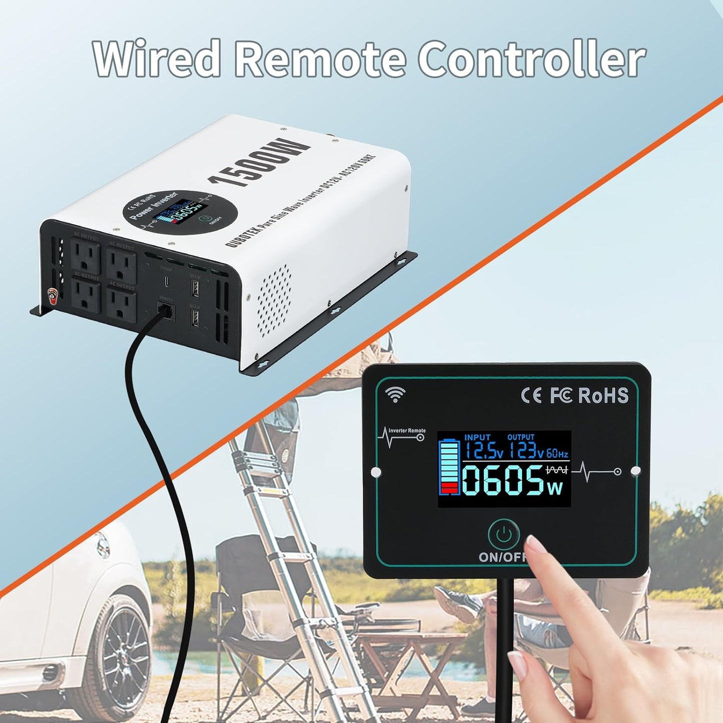 1500W Pure Sine Wave Power Inverter with Peak 3000W,12V to 120V AC Converter, Wireless Remote, 4 AC Outlets, 2 USB Ports and Type-C for RV, Solar Off-Grid