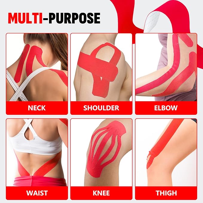 60PCS Precut Kinesiology Tape Strips, 2 inch x 10 inch Athletic Tape, Kinetic Tape, Elastic Muscle Tape, Sports Tape, Knee Tape for Exercise and Daily Use - Red