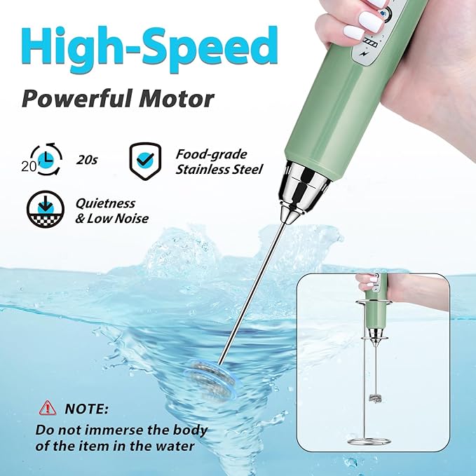 Milk Frother with Stand Rechargeable-Handheld Coffee Frother with 3 Stainless Whisks 3 Speed Adjustable, Electric Whisk Drink Mixer, Foam Maker Blender for Matcha Latte Cappuccino Chocolate