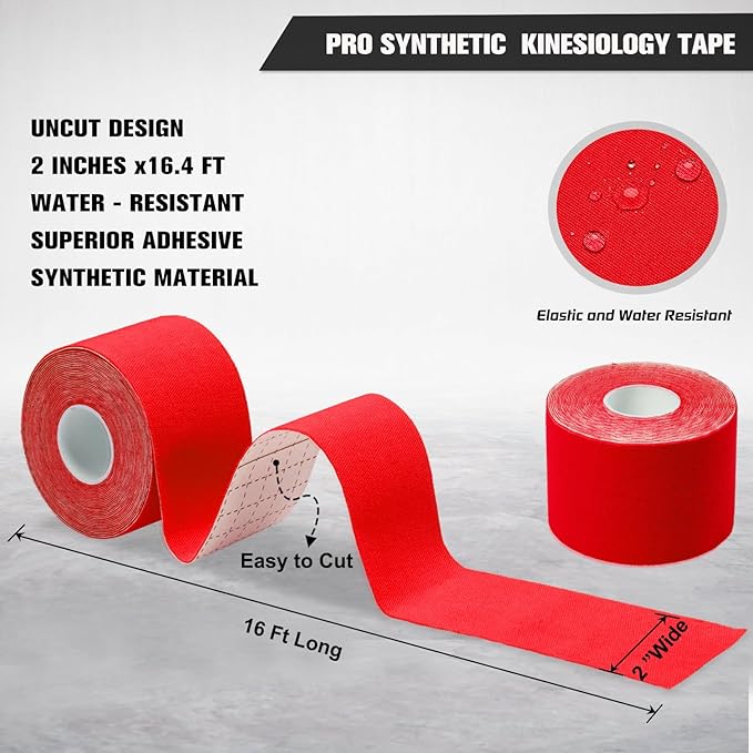 Pro Synthetic Kinesiology Tape 1 Roll, Athletic Sports Tape for Muscle Joint Support, Pain Relief for Knee Elbow Wrist Ankle Plantar Fasciitis, 2 in x 16.4 Ft, Red