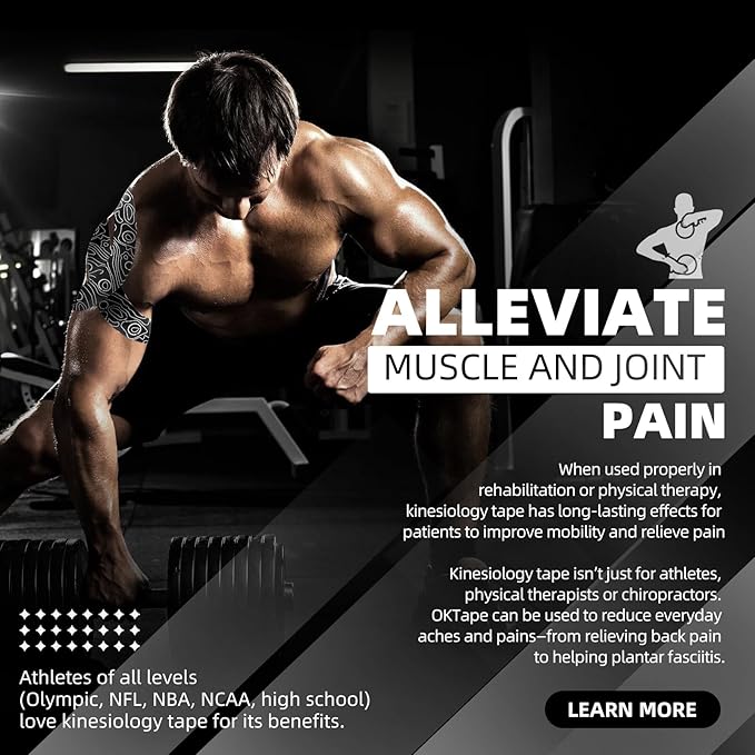 OK TAPE PRO Kinesiology Tape Uncut Roll, Elastic Physical Therapy Athletic Tape for Pain Relief, Muscle Support, Kinetic Tape, Water Resistant, 2in X 16.4ft -Black Gray 2 Rolls